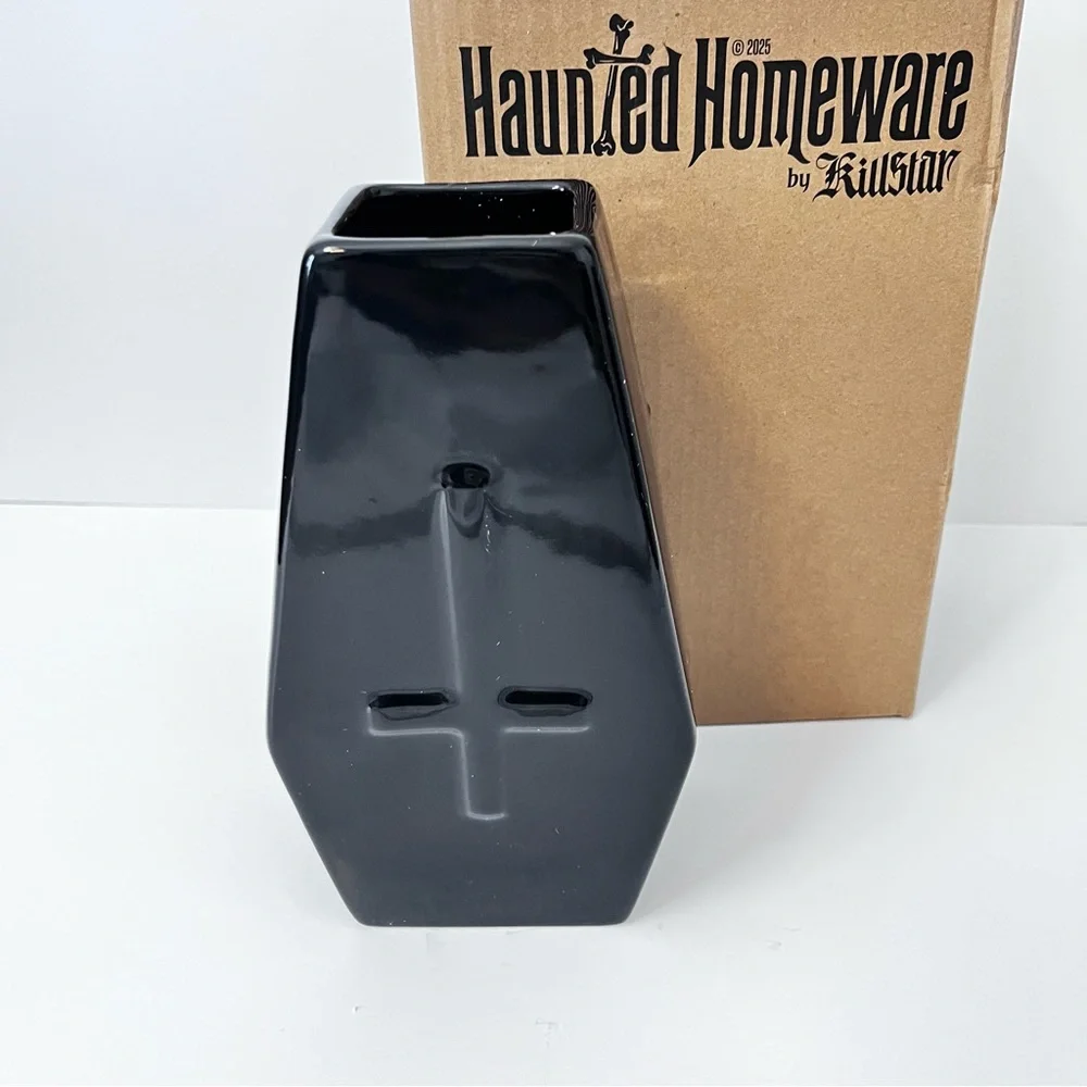 New Killstar Haunted Homeware Black Coffin Shape Vase Ceramic Glossy Cross Large